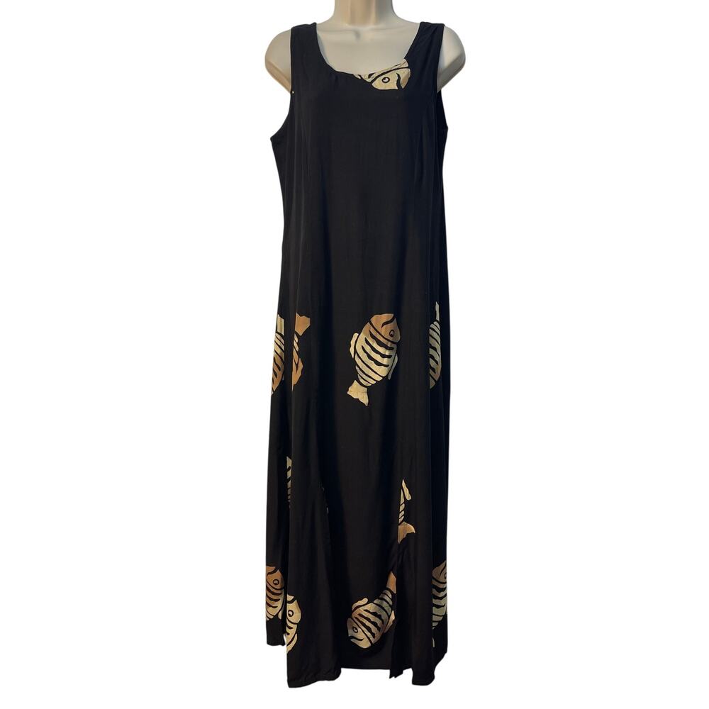 Coastal Cotton Black Sleeveless‎ Fish Print Maxi Dress with Slits Size Small
